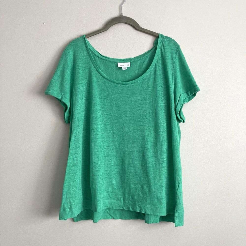 J Jill Womens Green Love Linen Scoop Neck Short Sleeve Tee Size Large PETITE